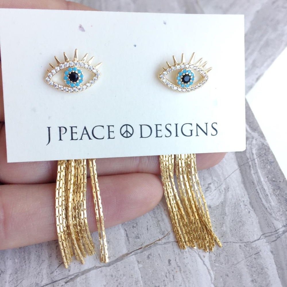 Evil Eye studs w/ gold tassel back earrings